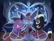 amount:multiple atmosphere:bedroom atmosphere:sleepover atmosphere:snowy body-type:feral christmas-clothing forehead-gem heart-shape outfit series:eeveelutions series:pokemon species:espeon species:sylveon species:umbreon style:dim style:glow // 2048x1536 // 307KB