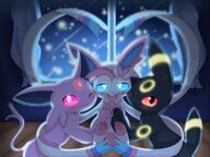 amount:multiple atmosphere:bedroom atmosphere:night atmosphere:sleepover body-type:feral forehead-gem heart-shape series:eeveelutions series:pokemon species:espeon species:sylveon species:umbreon style:dim style:glow // 2048x1536 // 287KB