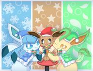 amount:multiple body-type:feral christmas-clothing cloak series:eeveelutions series:pokemon species:eevee species:glaceon species:leafeon style:split-background wearing-bow // 4000x3072 // 721KB