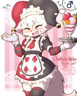 amount:solo atmosphere:cafe atmosphere:frilly-background body-type:anthro body-type:semi-anthro clothing-i-want embarrassed food fruit jester-hat maid outfit red-and-black-clothing species:cat style:abstract-background style:intentional-blur style:kemono style:outline sundae visibly-shy // 1600x2000 // 364KB