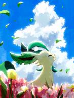 amount:solo atmosphere:field atmosphere:flowers atmosphere:sunlight body-type:feral flower series:eeveelutions series:pokemon species:leafeon style:painted // 1554x2048 // 593KB