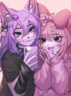 amount:pair body-type:anthro casual-outfit feminine flower hair species:fox style:girly style:kemono using-phone wearing-bow wearing-flower // 1529x2048 // 415KB