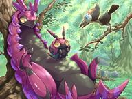 amount:multiple amount:pair atmosphere:forest atmosphere:sunlight body-type:semi-anthro series:pokemon species:pikipek species:scolipede species:venipede style:kawaii style:sunrays // 3829x2884 // 14MB