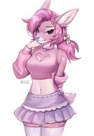 amount:solo body-type:anthro casual-outfit collar pink-fur skirt species:deer style:kemono style:pastel-colors thigh-highs touching-hair wearing-bow // 1431x2048 // 225KB