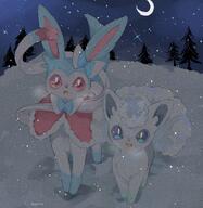 amount:pair atmosphere:hills atmosphere:night atmosphere:snowy body-type:feral cloak happy series:eeveelutions series:pokemon species:alolan-vulpix species:shiny-pokemon species:sylveon style:dim // 1551x1589 // 554KB