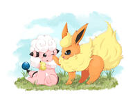 amount:pair atmosphere:field body-type:feral body-type:semi-anthro eating series:eeveelutions series:pokemon sitrus-berry species:flaaffy species:flareon style:kawaii // 2000x1416 // 1.0MB