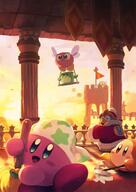 amount:multiple atmosphere:castle atmosphere:sunlight atmosphere:sunset body-type:blob character:bronto-burt character:king-dedede character:kirby character:scarfy character:waddle-dee series:kirby species:unknown style:painted // 1448x2048 // 260KB