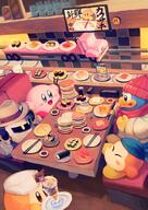 amount:multiple atmosphere:restaurant body-type:blob character:bandana-waddle-dee character:king-dedede character:kirby character:meta-knight character:waddle-dee food series:kirby species:unknown style:painted sushi // 1448x2048 // 688KB
