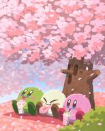 amount:multiple atmosphere:hills atmosphere:petals atmosphere:picnic atmosphere:sakura body-type:blob character:kirby character:whispy-woods donut drink eating food series:kirby species:unknown style:painted sweets // 1440x1800 // 301KB