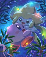 affection amount:pair atmosphere:field atmosphere:night body-type:blob character:kirby cuddling series:kirby species:jirachi style:dim style:glow style:painted // 1080x1350 // 430KB