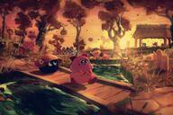 amount:multiple atmosphere:river atmosphere:sunset atmosphere:town body-type:blob character:bouncy character:bronto-burt character:chip character:gooey character:kirby character:lalala character:lololo character:poppy-bros-jr character:scarfy series:kirby species:unknown style:painted // 2048x1368 // 622KB