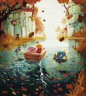 amount:multiple atmosphere:autumn atmosphere:lake atmosphere:river boat body-type:blob character:como character:kine character:kirby character:waddle-dee character:walf series:kirby species:unknown style:over-exposure // 1843x2048 // 1.0MB