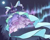 amount:solo atmosphere:aurora atmosphere:night atmosphere:snowy atmosphere:stary body-type:semi-anthro character:poipole dress feminine outfit poi species:poipole style:girly // 2000x1600 // 301KB