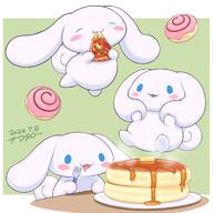 amount:solo body-type:semi-anthro body-type:slightly-chubby character:cinnamoroll drooling eating food pancakes pizza species:bunny style:multiple-scenarios sweets // 1330x1330 // 146KB