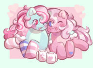 affection amount:pair body-type:feral cuddling drink hall-of-fame:bronze hot-chocolate species:pony style:abstract-background style:girly style:kawaii style:playful style:simple-colors style:thick-lines style:very-girly style:very-playful thigh-highs // 2000x1444 // 440KB