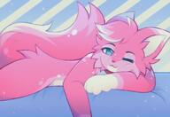 amount:solo atmosphere:bedroom body-type:anthro freckles laying-on-side pink-fur smug species:fox style:kemono visual-teasing // 1600x1100 // 185KB
