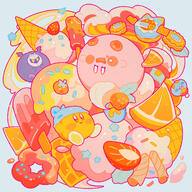 amount:multiple body-type:blob character:kirby character:meta-knight character:waddle-dee food fruit ice-cream orange-(fruit) popsicle series:kirby species:unknown style:kawaii style:pastel-colors sweets // 2480x2480 // 3.2MB