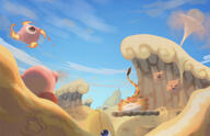 amount:multiple atmosphere:desert body-type:blob character:flamer character:kirby character:pacto character:scarfy character:whippy series:kirby species:unknown style:painted // 2859x1844 // 2.5MB
