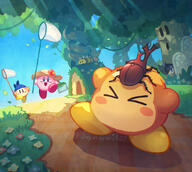 amount:multiple atmosphere:forest atmosphere:sunlight atmosphere:town body-type:blob bug-catching character:bandana-waddle-dee character:kirby character:needlous character:waddle-dee series:kirby species:unknown straw_hat style:dim style:sunrays // 1100x983 // 1.1MB