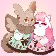 affection amount:pair body-type:anthro chocolate dress freckles hugging outfit species:bunny species:moth style:kawaii style:kemono style:outline wearing-bow // 1907x1915 // 348KB
