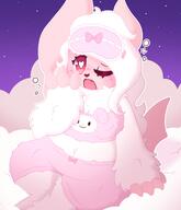 amount:solo body-type:semi-anthro body-type:slightly-chubby casual-outfit detailed-print heart-eyes pink-fur sleepy species:absol style:girly style:one-color style:pink style:playful // 1604x1866 // 147KB