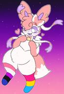 amount:solo bell body-type:anthro body-type:semi-anthro body-type:slightly-chubby butt freckles hall-of-fame:bronze mismatched-clothing pride series:eeveelutions series:pokemon species:sylveon style:girly style:outline style:pastel-colors style:playful thigh-highs visibly-shy // 1305x1920 // 233KB