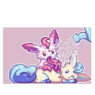 affection amount:pair body-type:feral forehead-gem nomming series:eeveelutions series:pokemon species:espeon species:fusion species:leafeon species:vulpix style:outline style:pixel-art watering // 1024x1024 // 9.0KB