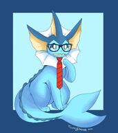 amount:solo artist:fluffydasher body-type:feral glasses holding-object holding-object-in-mouth nerdy pencil series:eeveelutions series:pokemon species:vaporeon tie // 1300x1460 // 126KB