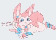 amount:solo body-type:feral laying-on-belly laying-on-side letters series:eeveelutions series:pokemon smug species:sylveon style:girly style:pastel-colors style:playful visual-teasing // 2264x1627 // 2.9MB
