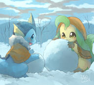 amount:pair atmosphere:snowy body-type:semi-anthro casual-outfit series:eeveelutions series:pokemon silly species:leafeon species:vaporeon style:painted style:playful style:scribbles // 1000x900 // 707KB