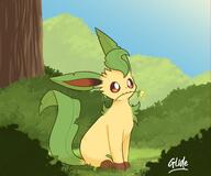 amount:solo atmosphere:hills body-type:feral flower holding-object holding-object-in-mouth series:eeveelutions series:pokemon species:leafeon style:kawaii style:painted // 2048x1711 // 219KB