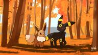 amount:pair atmosphere:autumn atmosphere:forest atmosphere:sunlight body-type:feral series:eeveelutions series:pokemon species:eevee species:umbreon style:kawaii // 2048x1152 // 272KB