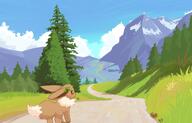 amount:solo atmosphere:hills atmosphere:mountains body-type:feral holding-object holding-object-in-mouth holly series:pokemon species:eevee style:kawaii style:painted // 2048x1315 // 218KB