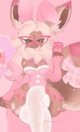 amount:solo blep body-type:anthro glasses hair long-hair nerdy series:pokemon skirt species:bunny species:eevee style:girly style:kemono style:one-color style:pink style:playful style:very-girly thigh-highs visual-teasing wearing-bow // 1232x2048 // 187KB