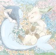 affection amount:pair atmosphere:flowers body-type:feral cuddling flower series:eeveelutions series:pokemon species:leafeon species:vaporeon style:dithering style:playful style:scribbles style:very-girly // 2716x2692 // 2.2MB