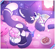 amount:solo atmosphere:bedroom atmosphere:stary atmosphere:sunlight body-type:anthro casual-outfit cookies species:cat style:dithering style:kemono style:noisy tank-top // 2000x1787 // 3.7MB