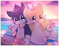 amount:pair atmosphere:sunlight atmosphere:sunset body-type:anthro body-type:overweight body-type:semi-anthro bracelet flower species:cat style:chromatic-aberration style:glow style:kawaii style:kemono swimwear // 2000x1578 // 481KB