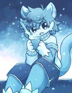 amount:solo atmosphere:snowy body-type:anthro casual-outfit hot-chocolate species:cat style:blue style:grainy-lines style:kemono style:monochrome style:painted sweater thigh-highs wearing-bow // 2037x2627 // 597KB