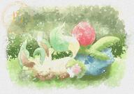 amount:multiple atmosphere:field atmosphere:sunlight body-type:feral series:eeveelutions series:pokemon species:ivysaur species:leafeon species:shaymin style:watercolor // 1270x890 // 199KB