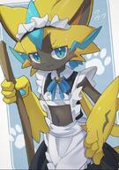 amount:solo bell body-type:anthro embarrassed maid outfit species:zeraora style:abstract-background style:kawaii style:kemono style:noisy visibly-shy // 1170x1658 // 297KB