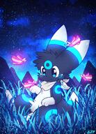 amount:solo atmosphere:field atmosphere:night atmosphere:stary body-type:feral body-type:semi-anthro butterflies fluffified hall-of-fame:bronze hall-of-fame:gold hall-of-fame:silver scarf series:eeveelutions series:pokemon species:shiny-pokemon species:umbreon style:glow style:noisy style:playful style:very-playful // 1437x2000 // 656KB