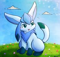amount:solo atmosphere:field atmosphere:sunlight body-type:feral flower scarf series:eeveelutions series:pokemon species:glaceon style:kawaii style:over-exposure style:playful // 1269x1200 // 188KB