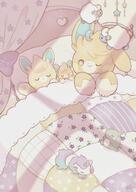 amount:multiple atmosphere:bedroom body-type:semi-anthro grouping:full-evolution-family hall-of-fame:bronze plush species:pawmi species:pawmo species:pawmot style:chromatic-aberration style:faded style:intentional-blur style:playful style:very-playful // 1448x2048 // 439KB