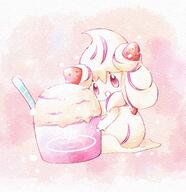 amount:solo body-type:semi-anthro ice-cream species:alcremie species:food-creature strawberry style:girly style:pastel-colors style:watercolor // 1128x1164 // 316KB
