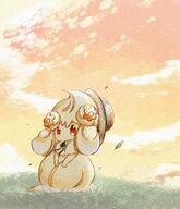 amount:solo atmosphere:field atmosphere:hills atmosphere:sunset body-type:semi-anthro species:alcremie species:food-creature straw_hat style:watercolor // 1063x1237 // 335KB