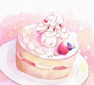 amount:solo atmosphere:table body-type:blob body-type:semi-anthro cake food smol species:alcremie species:food-creature style:watercolor sweets // 1071x963 // 239KB