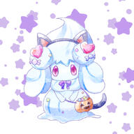 amount:solo atmosphere:halloween body-type:semi-anthro candy catgirl heart-sweet outfit species:alcremie species:food-creature style:abstract-background style:watercolor trick-or-treet wearing-bow // 716x716 // 349KB