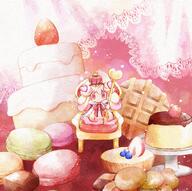 amount:solo atmosphere:frilly-background atmosphere:regal atmosphere:sweets body-type:blob body-type:semi-anthro cake cloak cookies crown food heart-sweet macarons pudding species:alcremie species:food-creature style:watercolor sweets waffles wearing-bow // 1192x1184 // 379KB