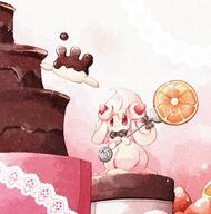 amount:solo atmosphere:frilly-background body-type:blob body-type:semi-anthro cake chocolate food orange-(fruit) species:alcremie species:food-creature species:milcery style:watercolor sweets // 1975x1998 // 1.0MB