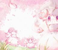 amount:multiple atmosphere:petals atmosphere:sakura body-type:semi-anthro feminine flower species:alcremie species:food-creature style:girly style:intentional-blur style:over-exposure style:playful style:watercolor wearing-flower // 1200x1036 // 247KB
